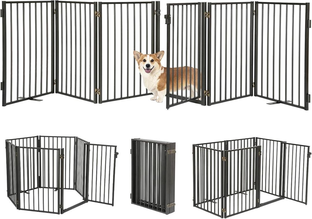 Metal Freestanding Dog Gates with Door for Outdoor Indoor,120'' Extra Wide 24'' Tall Free Standing Dog Gate for Doorways,Large Openings,Deck,Yard,Porch,Foldable Safety Pet Fence(Black,6 Panels) (6 Panels with Door 24''H*120''W)