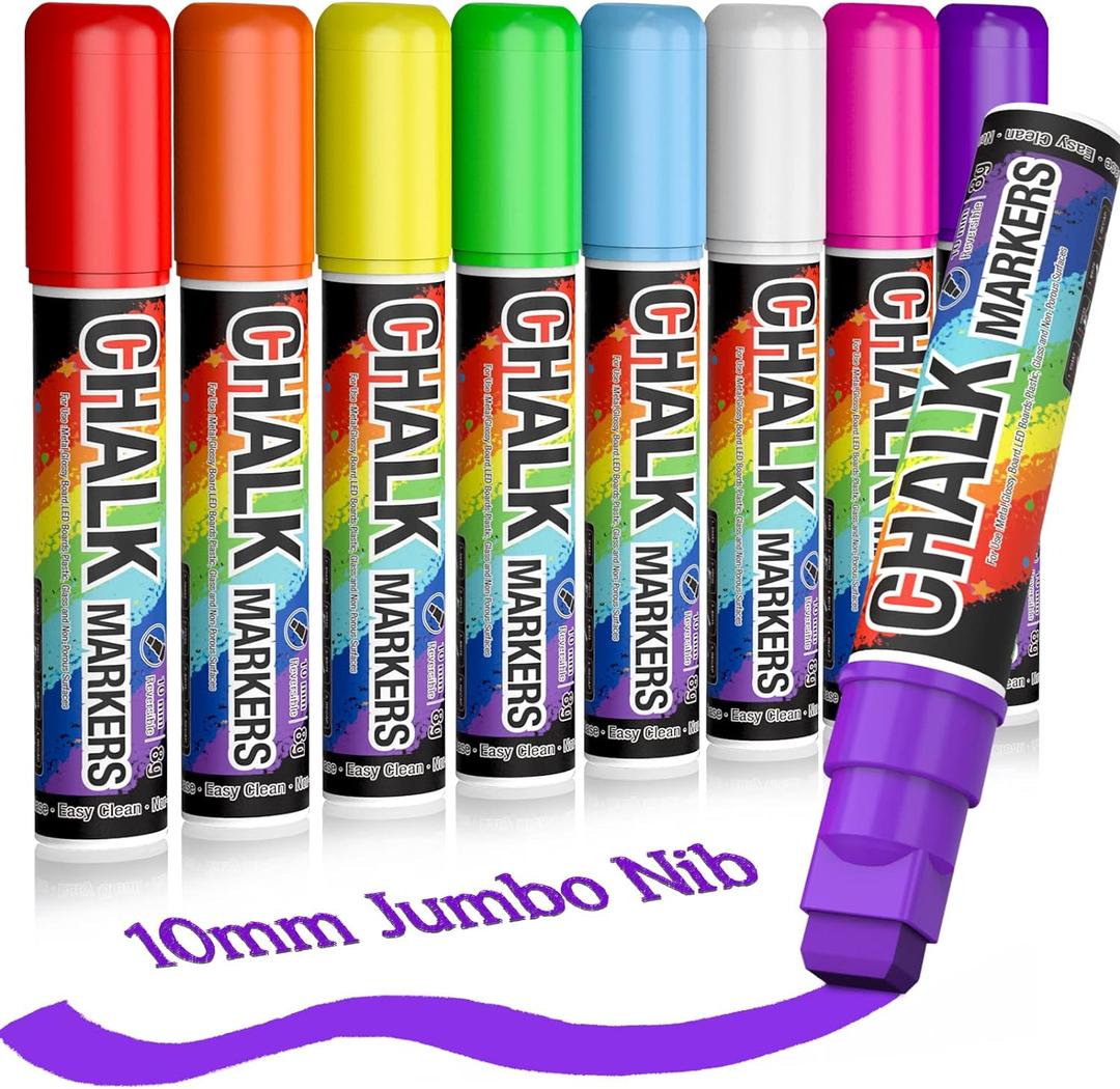 KERIFI Window Chalk Markers for Cars Washable: 10mm Jumbo Liquid Chalk Pens, Wet Erase for Auto Bistro Blackboard Glass Mirror Poster Wedding Signs, Just Married Car Windows Art Decorations (8 Colors)