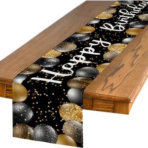 Artoid Mode Black and Golden Balloon Happy Birthday Table Runner, Seasonal Kitchen Dining Table Decoration for Home Party Decor 13x72 Inch
