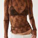 OFEEFAN Womens Mesh Tops Lace Long Sleeve Shirts Crewneck Slim Fitted Outfits See Through Blouses (Brown, XXL)