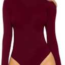 MANGOPOP Women's Mock Turtle Neck Long Sleeve Tops Bodysuit Jumpsuit Burgundy, Small