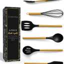 Black and Gold Kitchen Utensils Set - 6-PC Silicone Utensils Set Include Tongs, Whisk, Serving Spoon, Spatula, and Turner for Stylish Cooking and Baking - Black and Gold Kitchen Accessories and Decor
