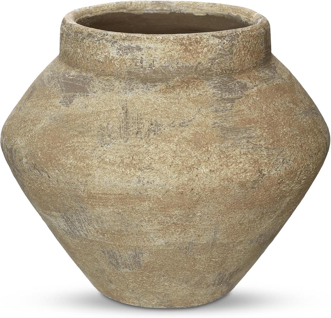 Briful Large Rustic Ceramic Vase with Distressed Finish, 8.2'' Tall Wide-Belly Decorative Flower Vases with Felt Pads, Retro Style Pottery for Home Decor, Table Centerpiece, Yellow Brown