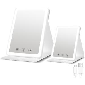 (2 Pack) 2025 Rechargeable Travel Makeup Vanity Mirror with 72 Led Lights,Portable Lighted Beauty Mirror,3 Color Lighting,Dimmable Touch Screen,Tabletop LED Folding Cosmetic Vanity Mirror Desk Table (White Mix 2p)