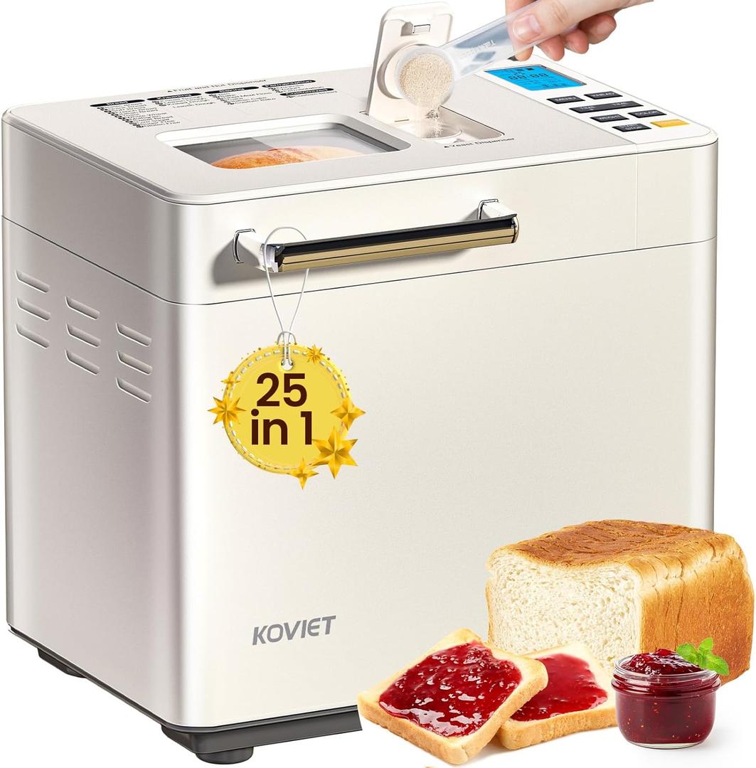 25-in-1 Bread Maker Machine with Automatic Dual Dispenser, 2LB Stainless Steel Breadmaker with Gluten-Free, Dough, Jam, Yogurt etc Settings, Beige (Beige)