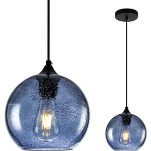 Blue Glass Pendant Lights Kitchen Island Modern Globe Hand Blown Glass Ceiling Hanging Lights fixtures for Living Dining Room Bedroom (7.8in)