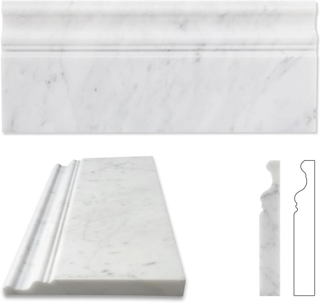 Diflart 4-Pack Carrara White Marble Baseboard Trim Molding, 5x12 Inch, Polished, Marble Wall Skirting Base Trim Moulding for Shower Bathroom Wall Kitchen Backsplash