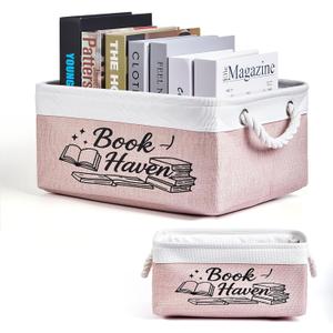 Book Storage Basket for Book Lovers, Reading List Organizer Bin, Bookworm Gift, Book Accessories for Students, Teachers, and Book Club Members (Pink)