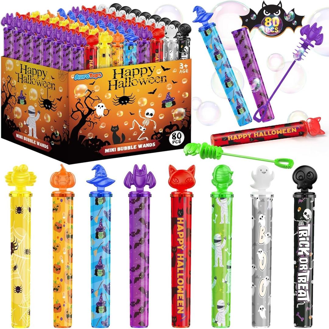 80PCS Halloween Mini Bubble Wands,Halloween Party Favors for Kids,Halloween-Themed Stickers Bubble Wands for Trick or Treat Toys Gifts for Kids Toys,Goodie Bag Stuffers