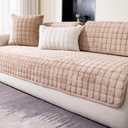 Velvet Couch Cover, Washable Sectional Sofa Cover, Anti Slip Sofa Slipcover for 3 Cushion Couch Sofa L Shaped Armrest Backrest, Furniture Protector Covers for Pets Kids (Khaki, Only 1 PC)