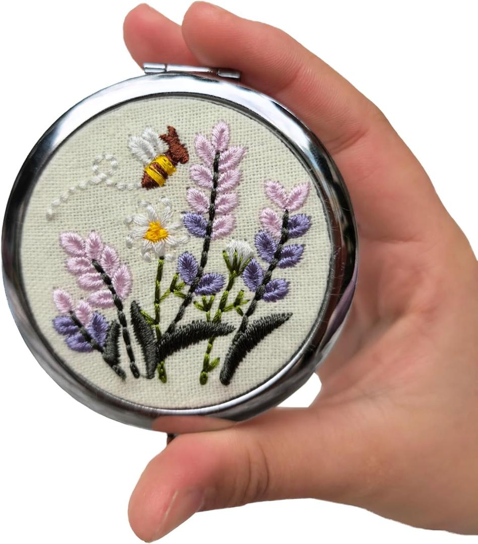 Leimandy Embroidered Pocket Mirror Double-Sided 1x/2x Makeup Mirrors Portable Compact Mirror for Purse Bridesmaid Gift Bridal Shower Gift Birthday Gift L1 (Purple Lavender)
