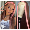 Pink & Brown Lace Front Wigs Pre Plucked Long Straight Wigs Glueless Pink Skunk Stripe Wig Wear and Go Wig Heat Resistant Fiber Hair Synthetic Lace Front Wigs for Black Women