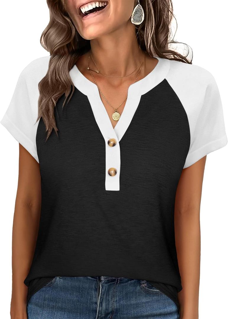 ANRABESS Womens Tops Short Sleeve Henley Shirts Summer V Neck Color Block Tunic T Shirts Casual Blouses Work Trendy Clothes Black XX-Large (Black, XXL)