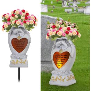 Angel Garden Statue Outdoor Decor, Cemetery Vase with LED, Family Garden Memorial Statue, Crying Angel (White) with Solar Lights