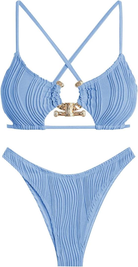 ZAFUL Women's Sexy Cutout Bikini Set High Cut Textured Metal Ring Cheeky Swimsuit Two Piece Bathing Suit (Blue, L)