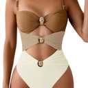 Verdusa Women's Cut Out Colorblock One Piece Swimsuit Ruched Swimwear Bathing Suit (Medium, Brown Beige)