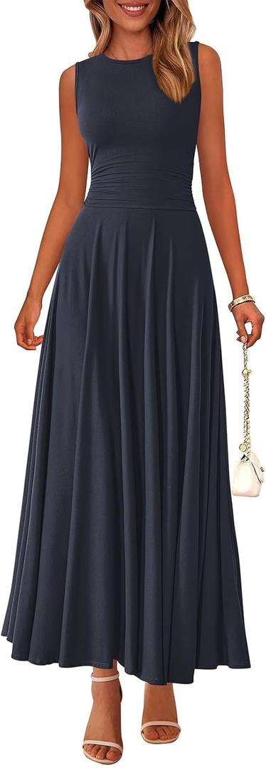 PRETTYGARDEN Womens Summer Dresses 2025 Casual Sleeveless Crewneck Aline Maxi Dress Stretch Tank Flowy Long Dresses (Medium, Navy)