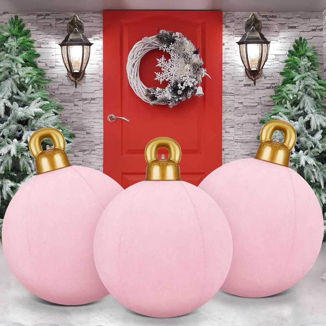 Jetec 3 Pcs 32 Inch Giant Velvet Christmas Inflatable Balls Ornament Flocked Xmas PVC Inflatable Flocked Ball Ornaments for Christmas Holiday Outdoor Blow up Yard Decor(Pink)
