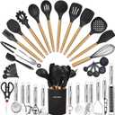 Cooking Utensils Set- 35 PCs Kitchen Utensils with Grater, Tongs, Spoon Spatula &Turner Made of Heat Resistant Food Grade Silicone and Wooden Handles Kitchen Gadgets Tools Set for Nonstick Cookware (Black)