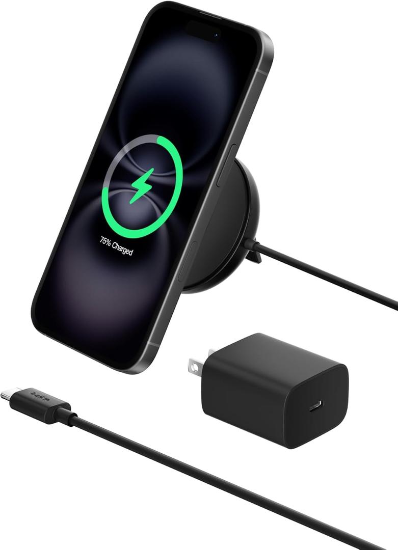 Belkin Magnetic Wireless Charging Pad Qi2 15W w/Kickstand - MagSafe-Compatible Qi2-Certified Wireless Charger for iPhone 17, Samsung Galaxy S25, AirPods, & More w/Power Supply Included - Black