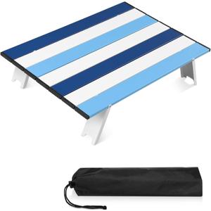CroBlissful Beach Table Folding Camping Portable Table Striped White Aluminum Side with Carry Bag for Camping Picnics and Outdoor Activities(22x16x5 in,Navy Blue)