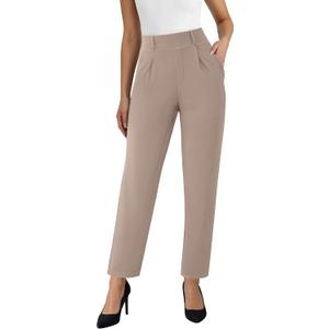 Straight Leg Womens Dress Pants, Stretchy Work Office Pants Pull on Business Casual Slacks with Pockets (Brown, L)