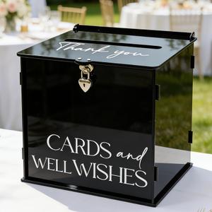 Black Acrylic Card Box with Lock & Slot, Gothic Wedding Card Boxes for Reception, Elegant Money Envelop Gift Cards Box for Party Wedding Birthday Baby Shower Graduation Table Decor