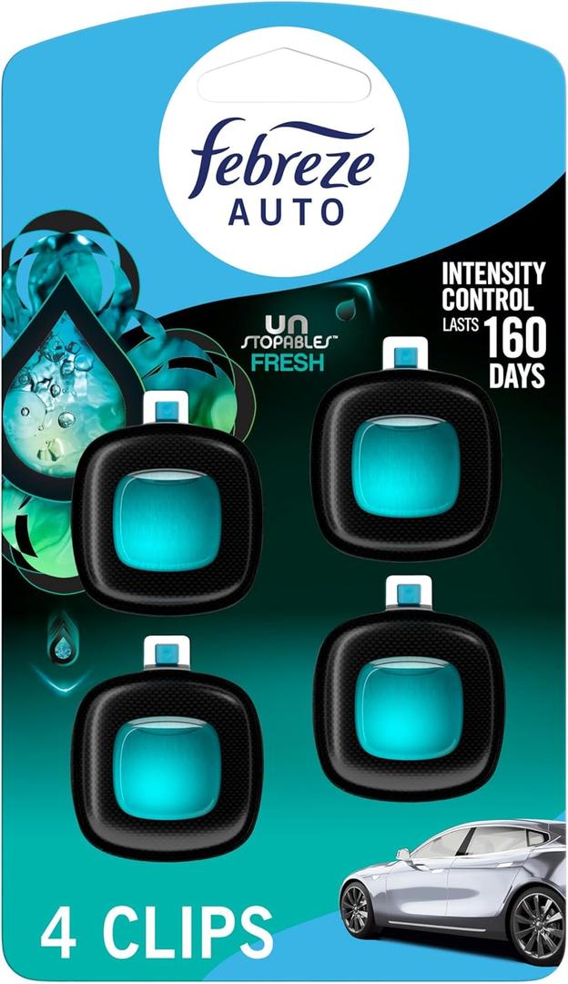 Febreze Car Air Freshener, Odor-Fighting Automotive Vent Clip, Scented Car Accessories, Long Lasting for Strong Odors, Unstopables Fresh Scent, .07 fl oz, 4 Count