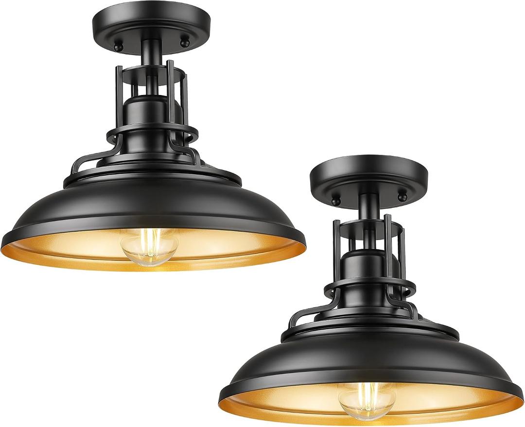 FEMILA Industrial Semi Flush Mount Ceiling Light, 12" Farmhouse Front Porch Ceiling Lighting Fixture, 2 Pack Outdoor Flush Mount Porch Light for Entryway, Hallway, Kitchen, 4FY15-F-2PK BK-1