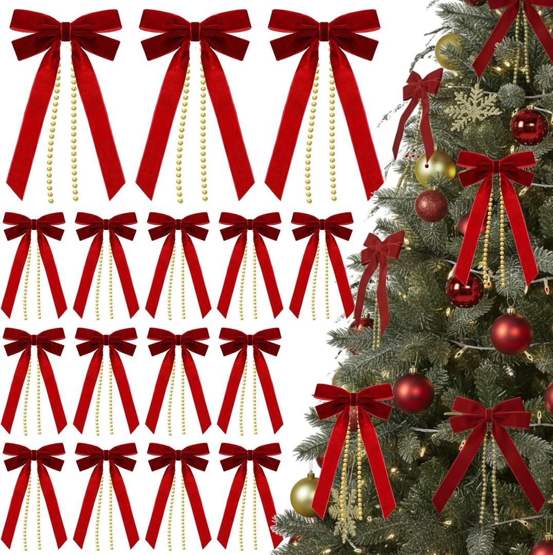 24 Pcs Velvet Ribbon Bows for Christmas Tree, Rustic Ribbon Ornaments Vintage Crafts Wreath Bows for Xmas Door Garland Gift Wrapping Decorations(Red)