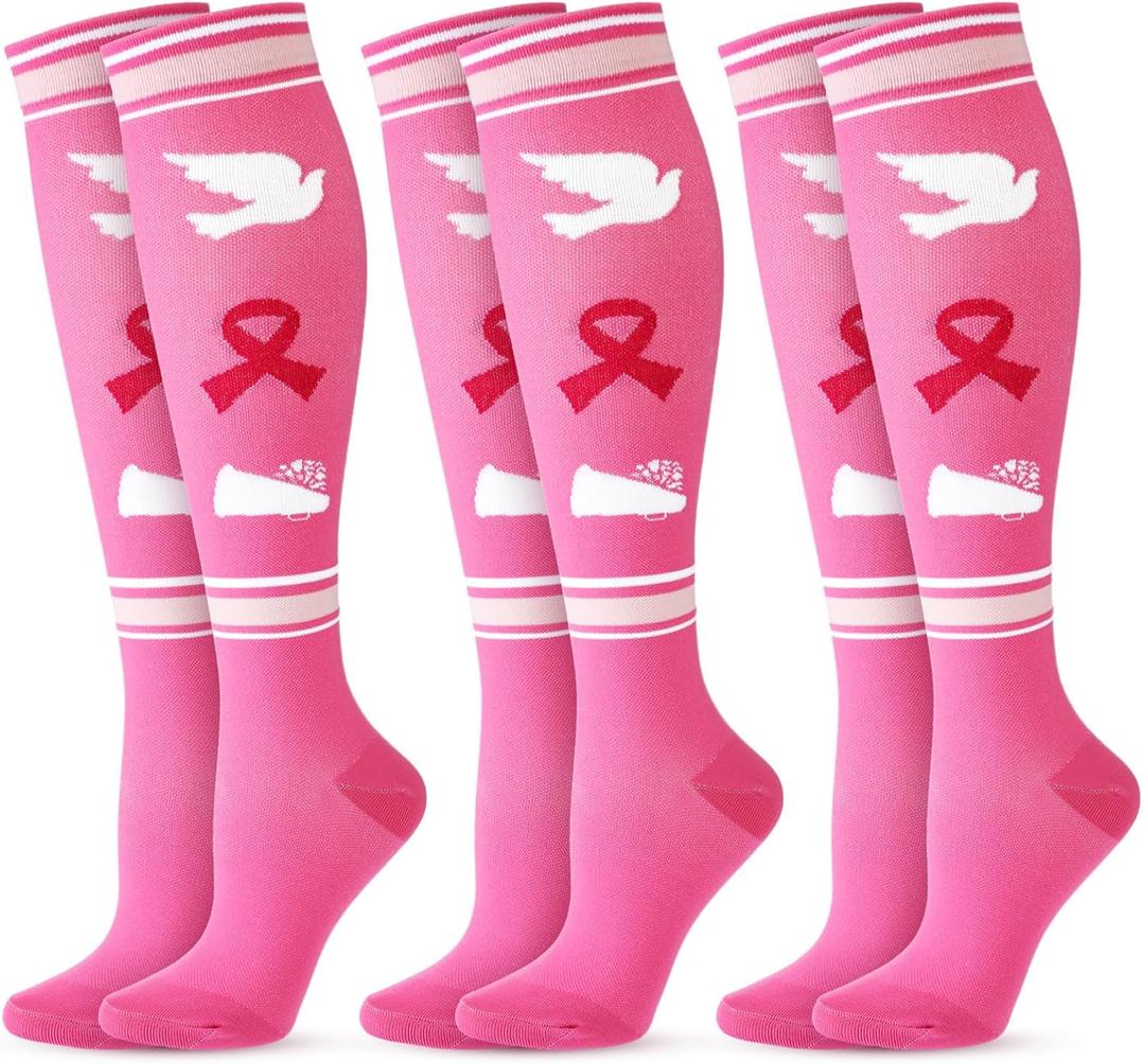 Cindeer 3 Pairs Breast Cancer Awareness Socks Pink Ribbon Football Softball Socks for Women (S)