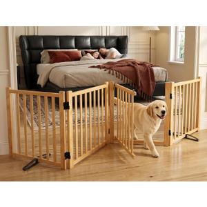 Wooden Freestanding Dog Gate Indoor with Door, 23" H 4 Panels | No-Painted Foldable Puppy Gate Walk Through, Folding Portable Pet Fence For Stairs, Doorways, Hallways