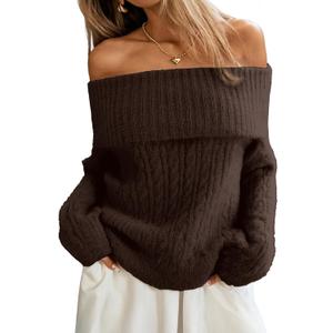 ELLEVEN Off The Shoulder Sweater Tops for Women Oversized Cozy Pullover Cable Knit Cute Sweaters One Shoulder Going Out Top Sexy Trendy Clothing Long Sleeve Lightweight Fall Winter Brown Large