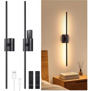 Shenmoyl Battery Operated Wall Sconce Set of 2, 10000mAh Rechargeable Wall Sconces with Detachable Battery, Indoor 350Rotate Wall Lights for Bedroom Living Room, Black, 31.5 Inch