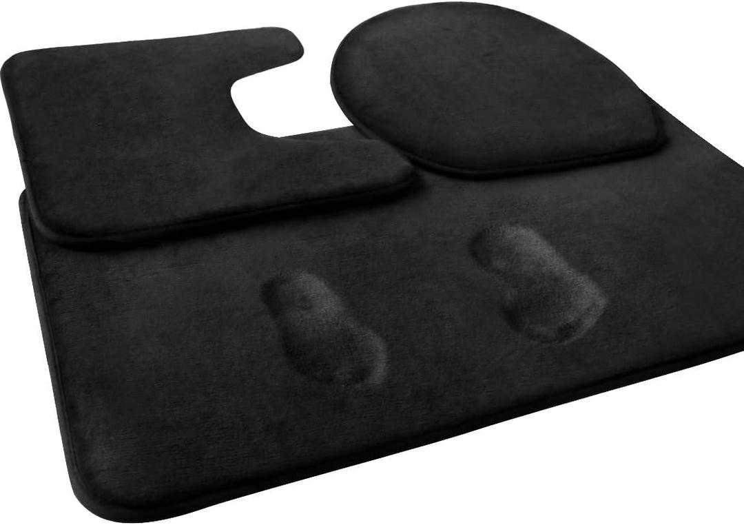 FEELSO Memory Foam Bath Mat Set , 3 Piece Non Slip and Absorbent Floor Mat , 20x31 Inches , 20x22 Inches U-Shaped Contour Bathroom Rug and Toilet Lid Cover for Tub Shower & Bath Room , Black