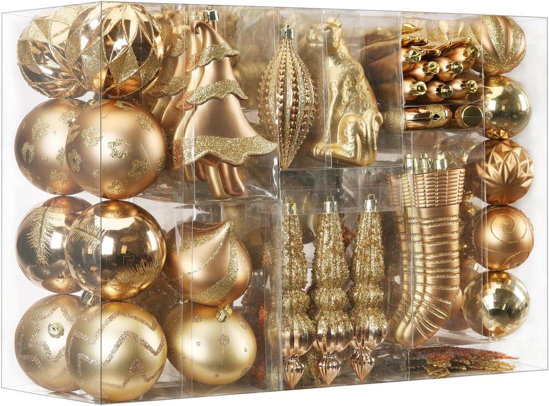 SHareconn 145pcs Christmas Balls Ornaments Set, Shatterproof Plastic Baubles Snowflakes, Stars and Tree Topper for Xmas Tree Holiday Wedding Party Decorations with Hanging Strings, Bronze Gold