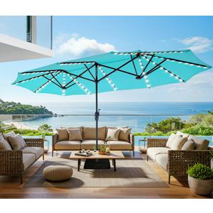 SUPERJARE 13ft Outdoor Patio Umbrella with Solar Lights, Double-sided Deck Pool Umbrella with 1.5 Inch Pole, Fade Resistant Canopy, 12 Sturdy Ribs, for Porch, Market, Backyard, Light Blue(No Base)