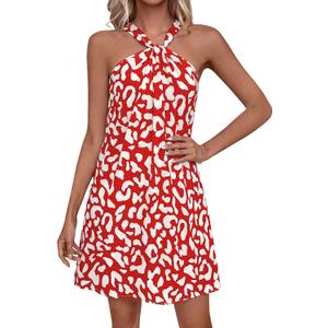 PRETTYGARDEN Womens 2026 Summer Halter Mini Dress Sleeveless Boho Floral Short Sundress Casual Flowy Beach Dresses (Red, M)