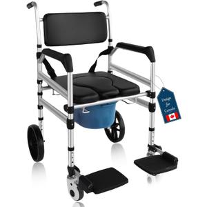 Rolling Shower Chair with Wheels for Elderly and Disabled, Foldable Wheelchair Lightweight Folding, Bedside Commode Chair With Arms For Toilet (Black, L)