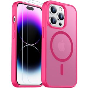 SPIDERCASE Designed for iPhone 14 Pro Max Case, Magnetic Translucent [2 Pack Tempered Glass Screen Protector] Anti-Fingerprint Anti-Scratch Case for iPhone 14 Pro Max 6.7, Hot Pink