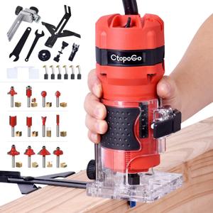 Compact Palm Router Tool, 800W Hand Wood Trimmer Router with 12PCS 1/4" Bits Set for Woodworking