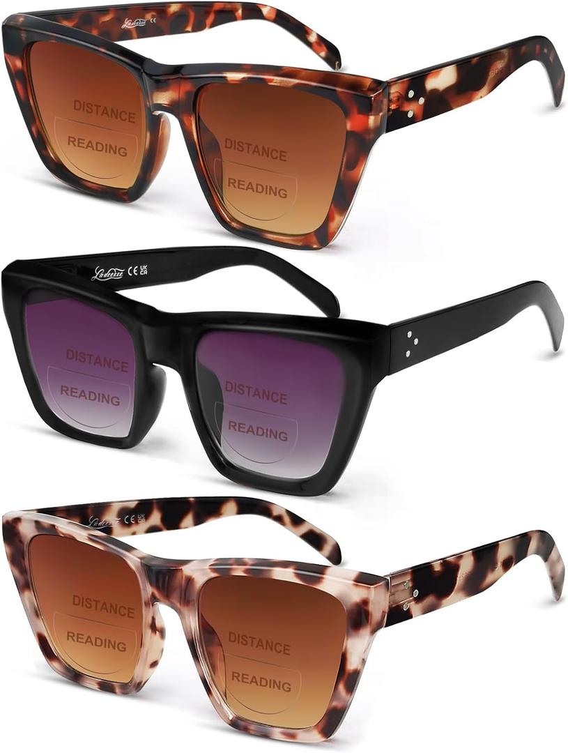 LADEESSE 3 Pack Bifocal Reader Sunglasses Women - Oversized Sun Reading Glasses Womens W/Cat Eye Vintage Outdoor UV400 Protection Eyewear （2.25）