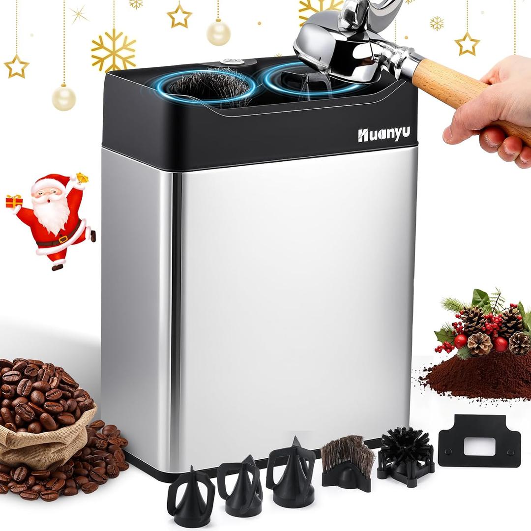 Huanyu Portafilter Cleaner Electric, 6L Large Capacity, with Dual Brush Heads, 3 Scrapers for 58mm and 51mm Portafilters, Automatic Coffee Grounds Cleaning Machine