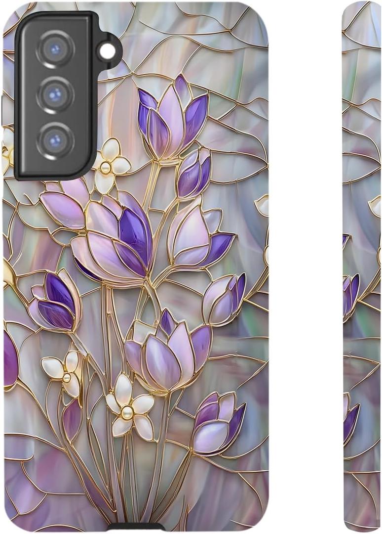For Samsung Galaxy S22, Stained Glass Purple Floral Dual-Layer Hard Shell+Silicone Cover-Shockproof Protective Phone Case for Women Girls