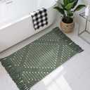 LIVEBOX Boho Green Bathroom Rug, Woven Bath Mat with Tassel Washable Cotton Blend Small Area Rug for Kitchen, Front Door(2'x3') (Dark Green & White)