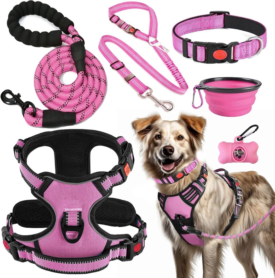 LOBEVE No Pull Dog Harness, Collar & Leash Set | Includes Dog Seat Belt, Collapsible Bowls & Poop Bag Dispenser. Ideal for Training, Walking, Hiking. Fits Small to Large Dogs(Pink-XL)