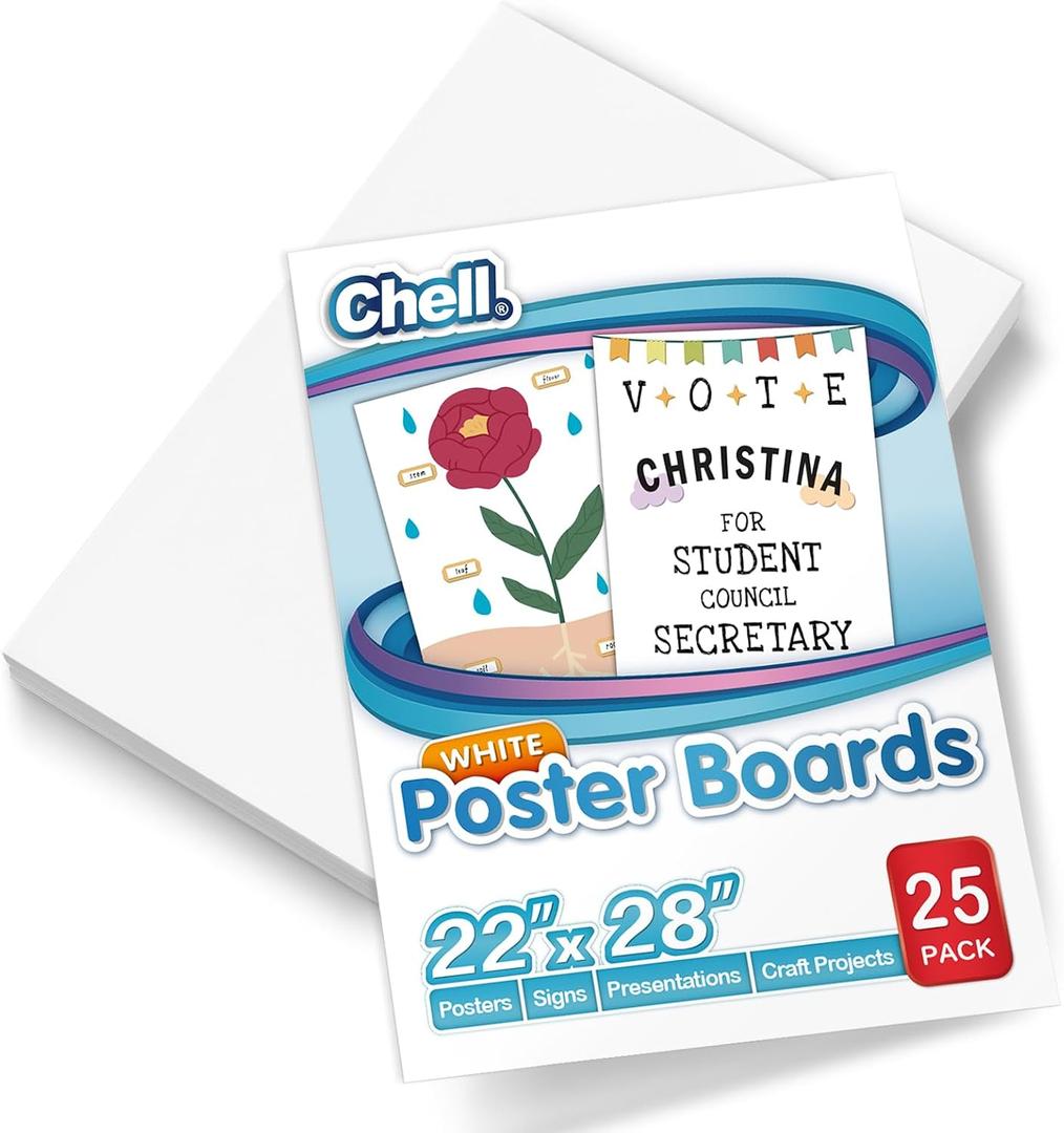 Chell Large Size 22" x 28" White Poster Board Paper Heavyweight, for School Craft Project, 85 lb. Cover Weight, 25 Count