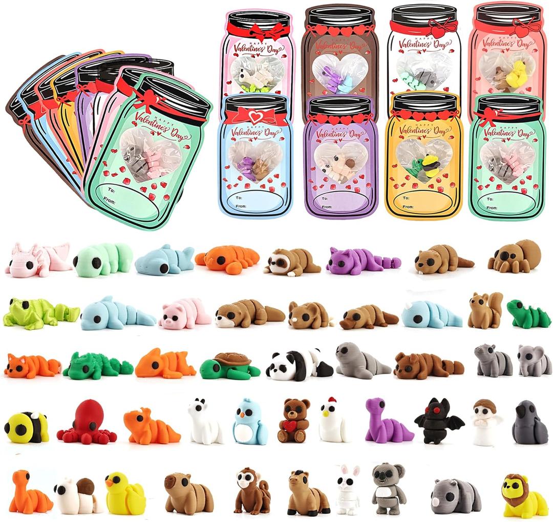 24 pcs Valentines Day Gifts Toys for Kids, with 48 Pcs 3D Printed Animal Figurines, Articulated Animal Figurines, Valentine Exchange Cards Gift, Classroom Rewards Gift ExchangeAssembly completed)