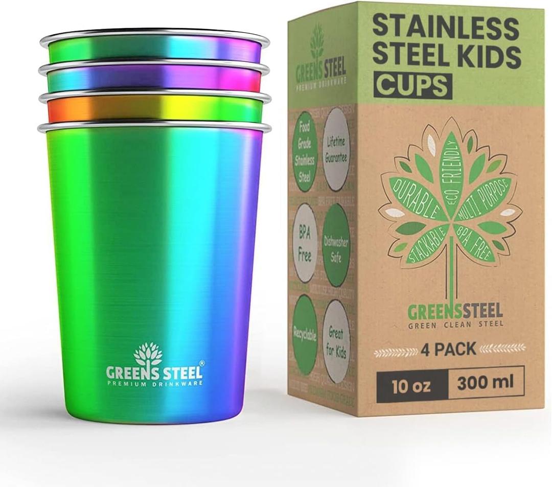 10oz Kids Cups – Stainless Steel Cups for Home, Party, Camping & Outdoor Activities – BPA Free, Unbreakable, Premium Stackable Metal Drinking Glasses for Children (4-Pack)
