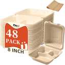 Compostable Clamshell Take Out Food Containers, 3-Compartment To Go Boxes for Food with Greaseproof Paper & Tamper Stickers - Heavy Duty, Microwave Safe (48, 8 Inch)